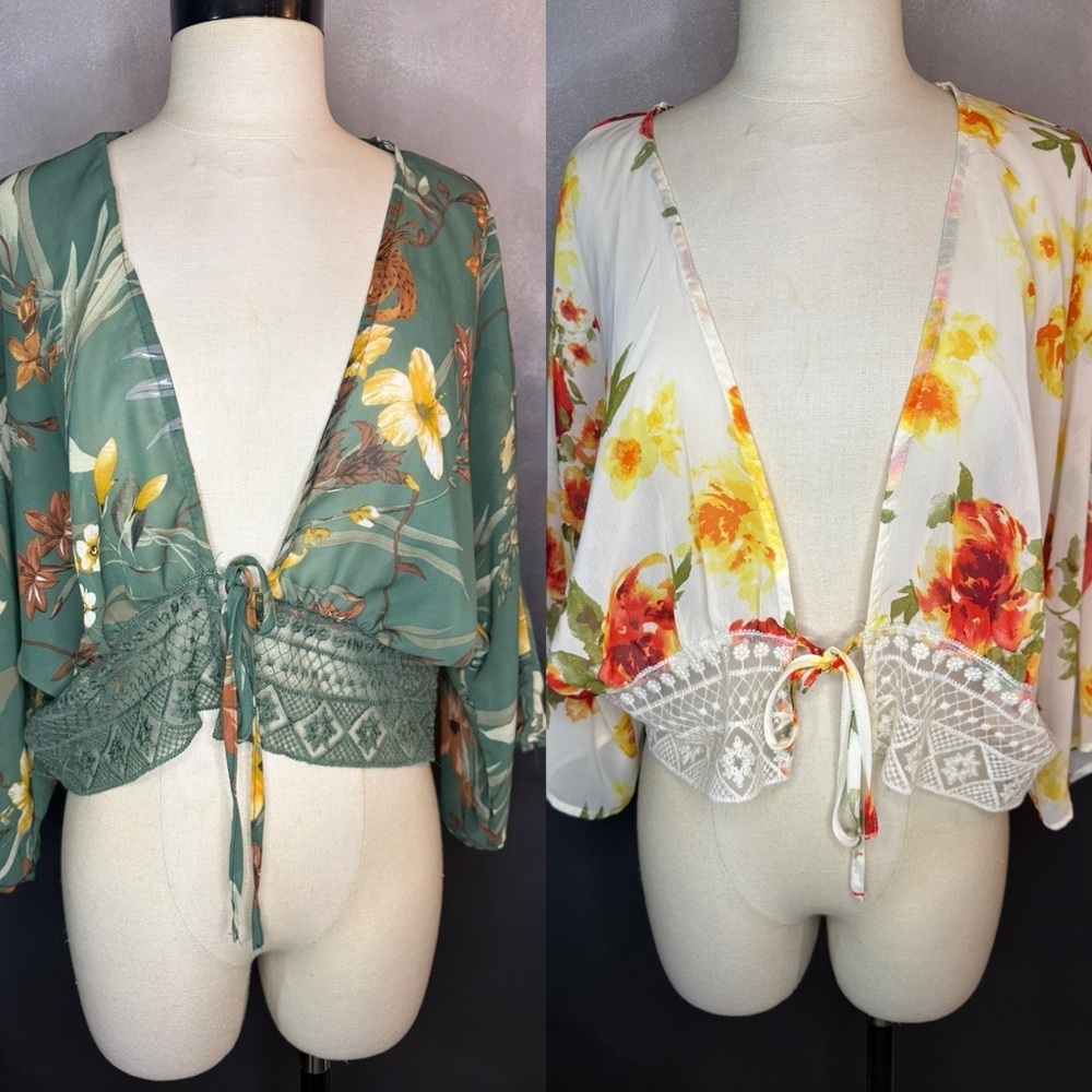 ✨ Bundle of 2 T.I.M.I.N.G Floral Tie-Front Tops – Size Large ✨